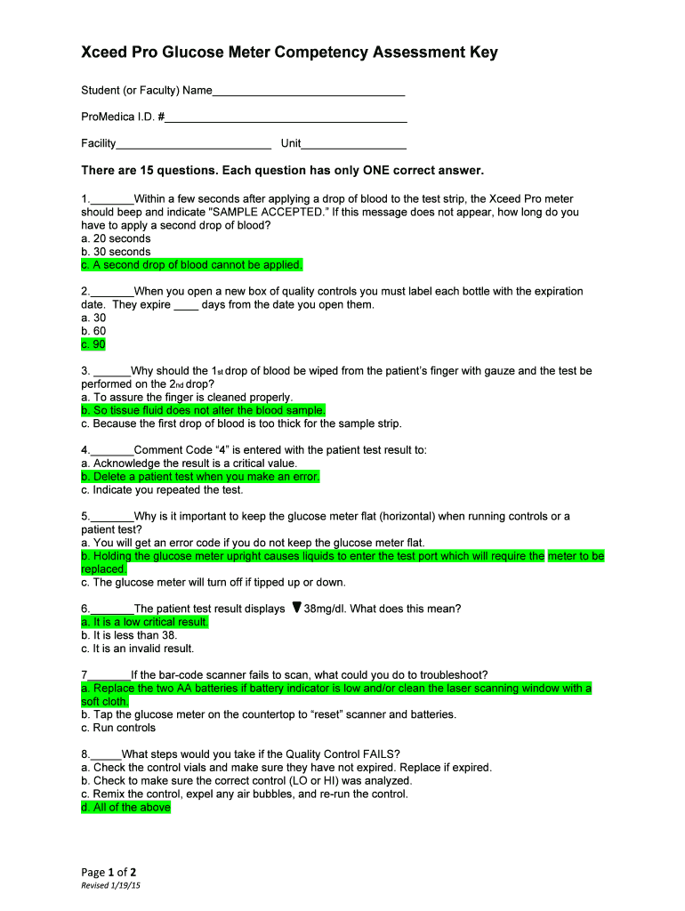 Glucometer Competency Test Answers  Form