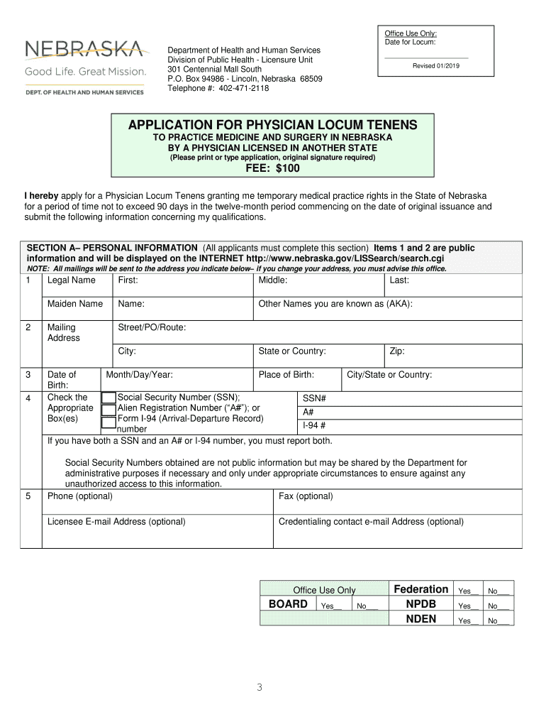 Application for Physician Locum Tenens Nebraska Department of  Form