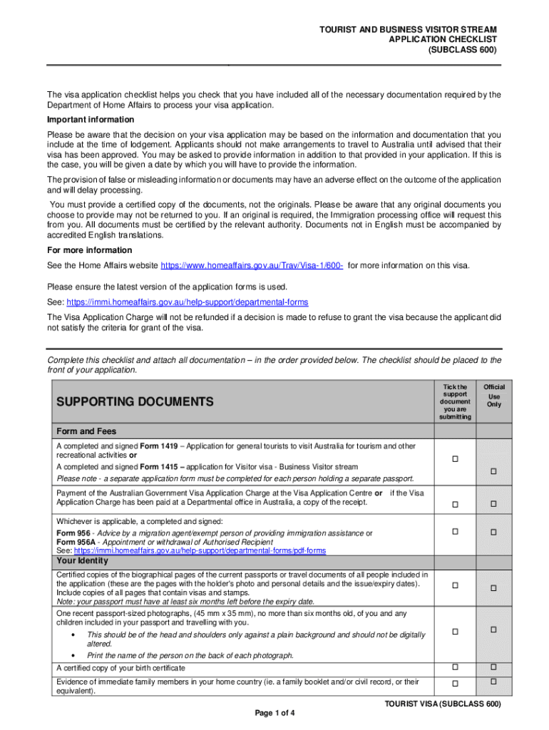  Visitor Visa Checklist Subclass 600 2019-2024