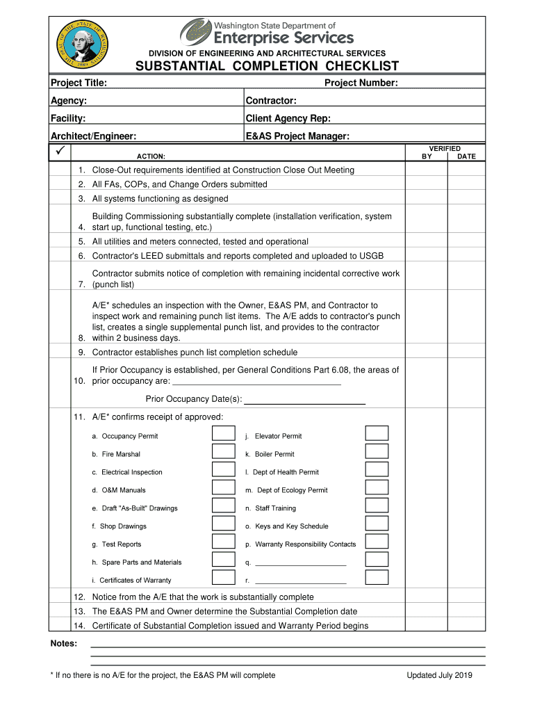  Certificate of Substantial Completion Construction Completion 2019-2024