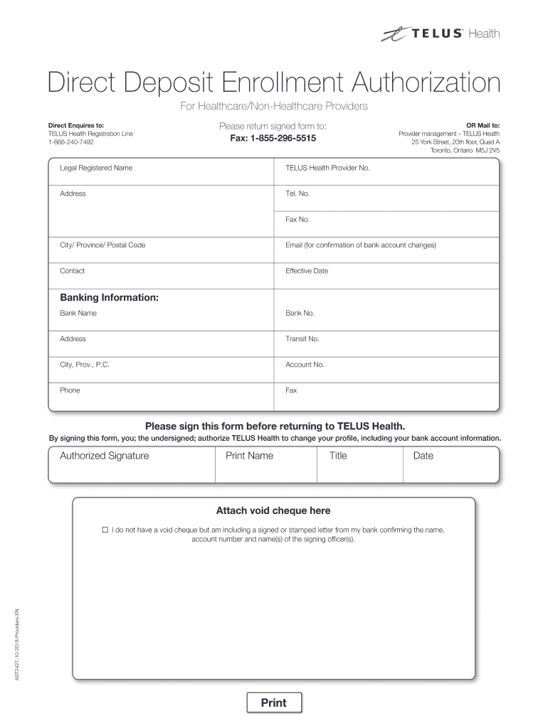  Direct Deposit Enrollment Authorization TELUS Health 2018-2024