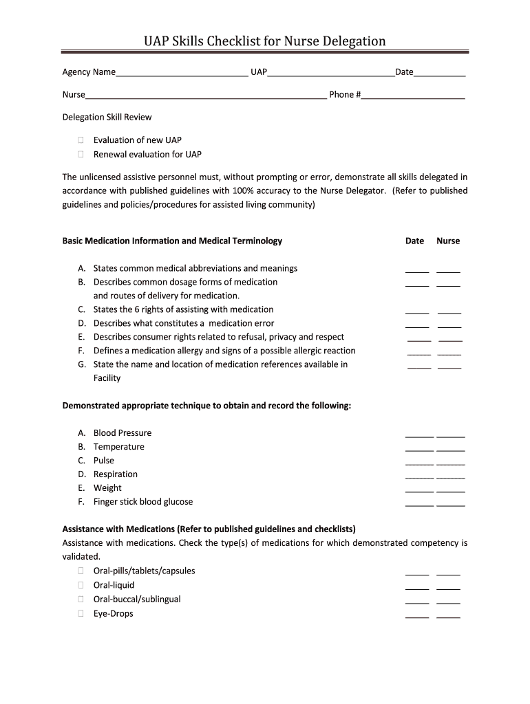 UAP Skills Checklist for Nurse Delegation  Form