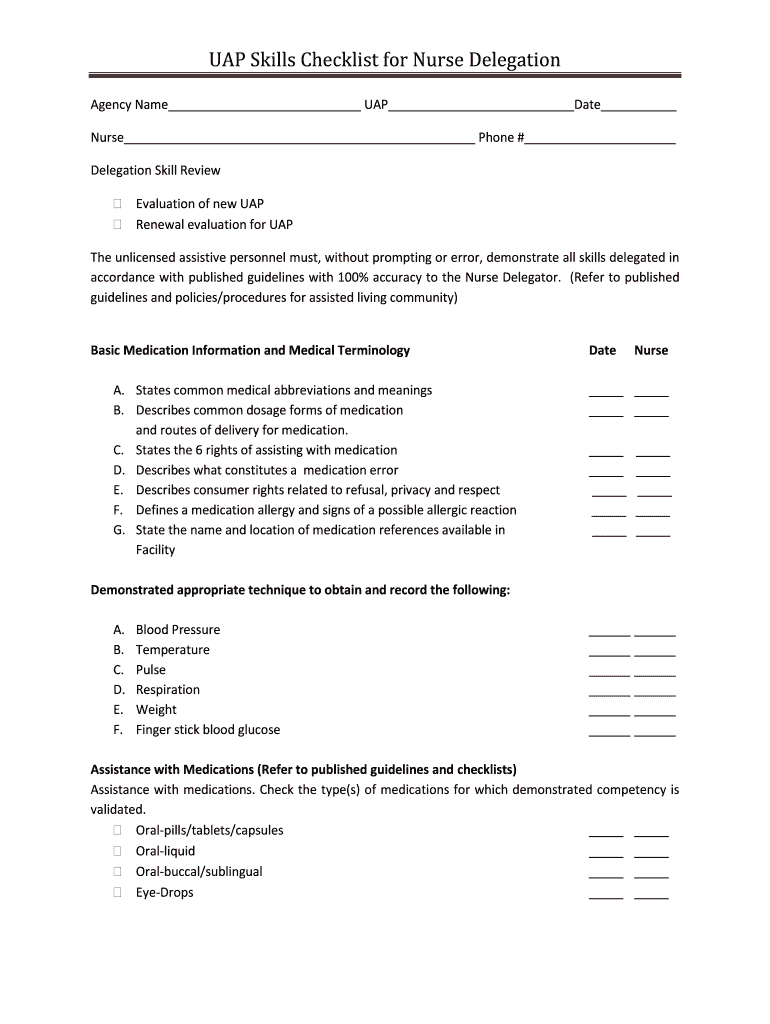 UAP Skills Checklist for Nurse Delegation Form