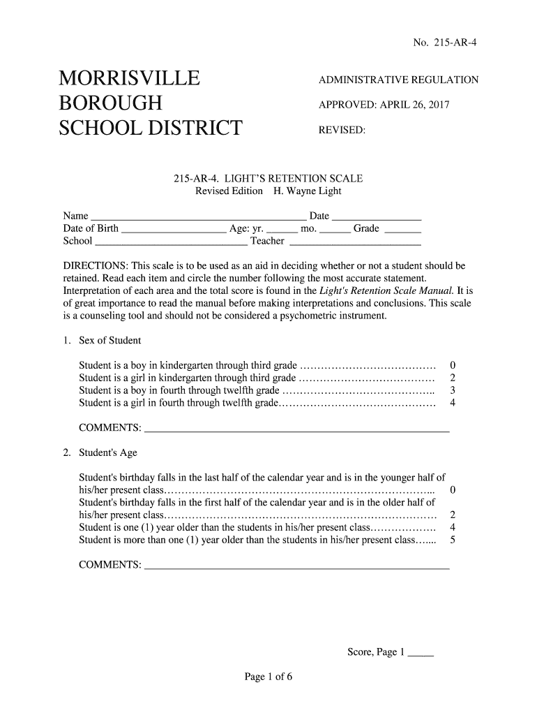 Light's Retention Scale 5th Edition PDF  Form