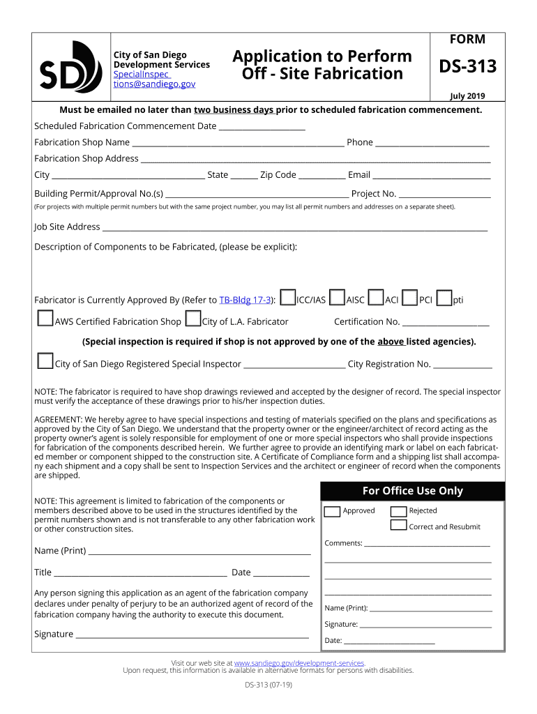 Get and Sign DS 313 City of San Diego 2019-2022 Form