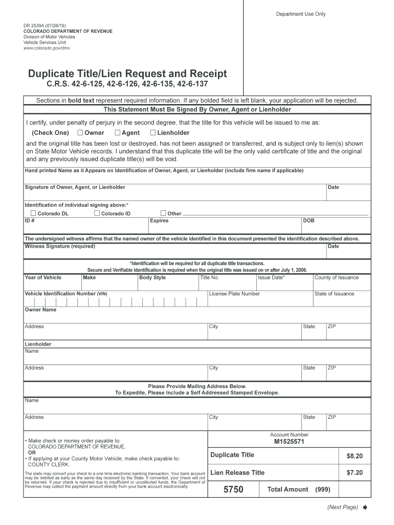 Get and Sign Duplicate Title Department of Revenue Motor Vehicle Colorado Gov 2019-2022 Form