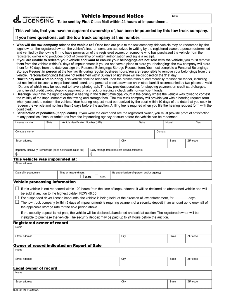  to Be Sent by First Class Mail within 24 Hours of Impoundment 2019-2024