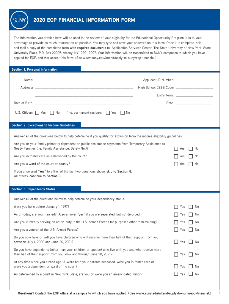  Eop Financial Information Form SUNY 2020-2024