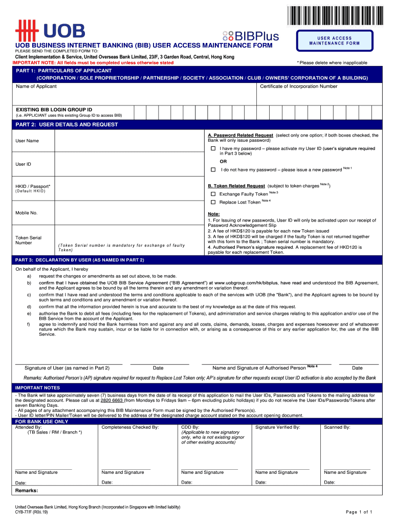  UOB BUSINESS INTERNET BANKING BIB MAINTENANCE FORM 2019-2024