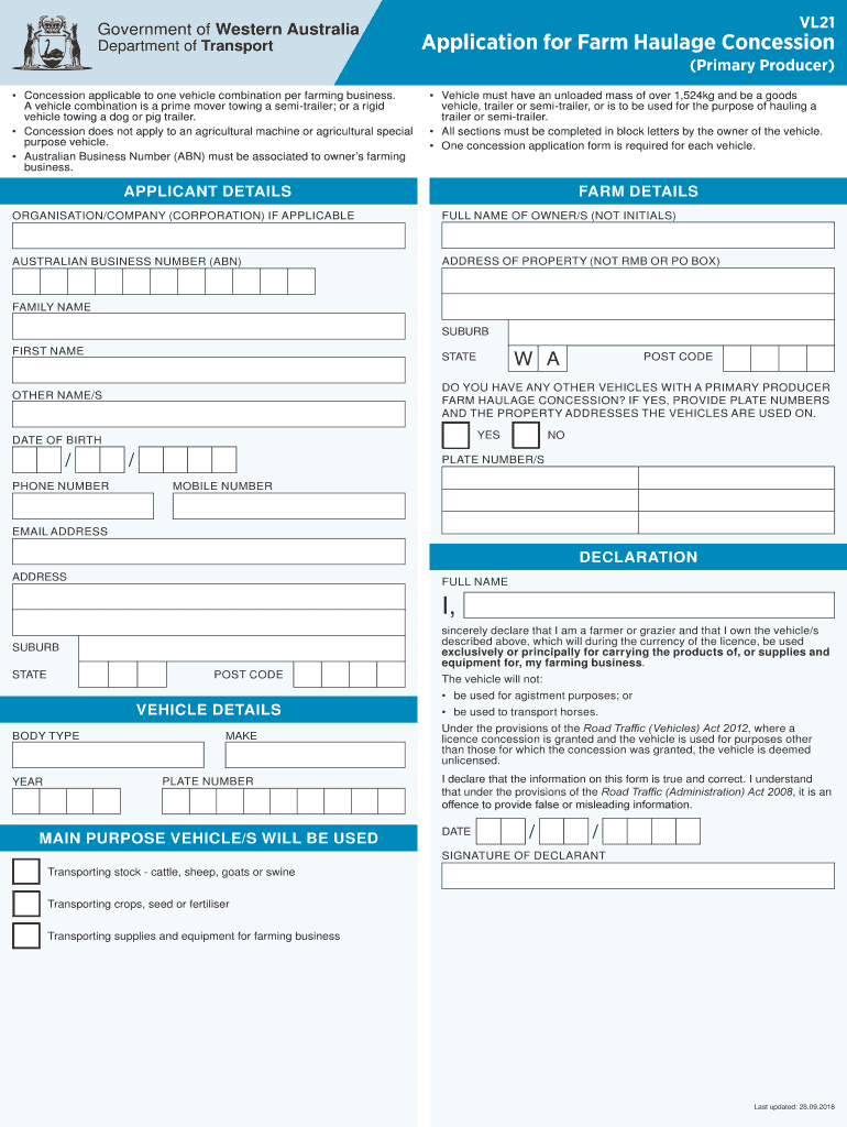 Application for Farm Haulage Concession Primary Producer Form