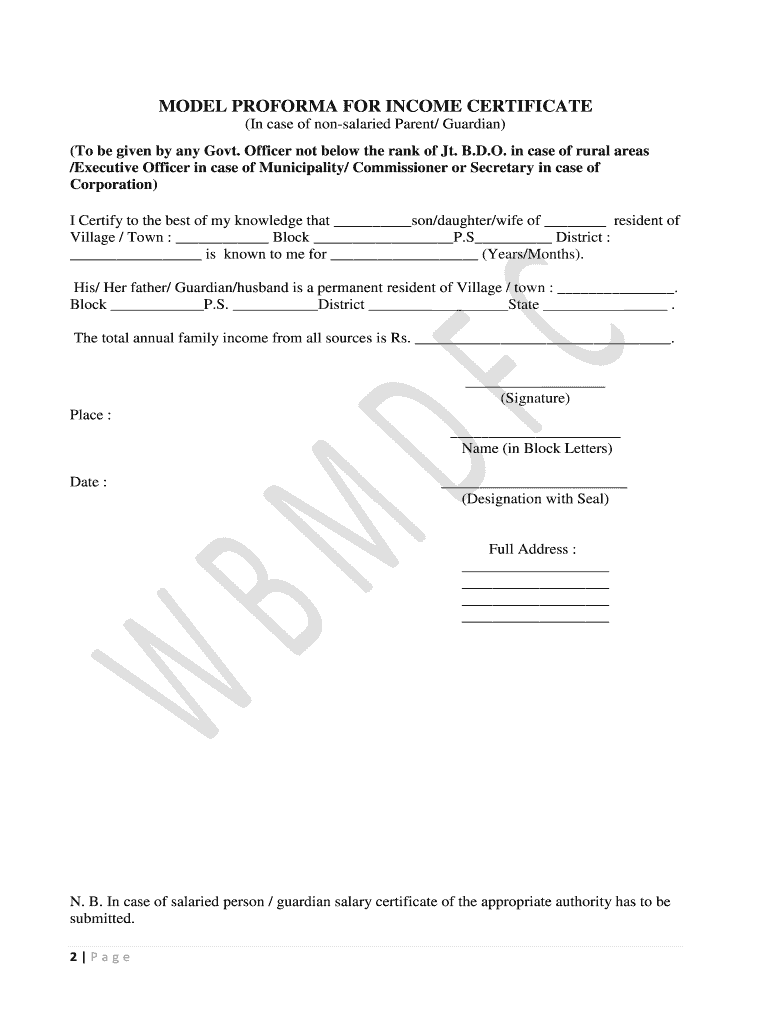 Model Proforma for Income Certificate