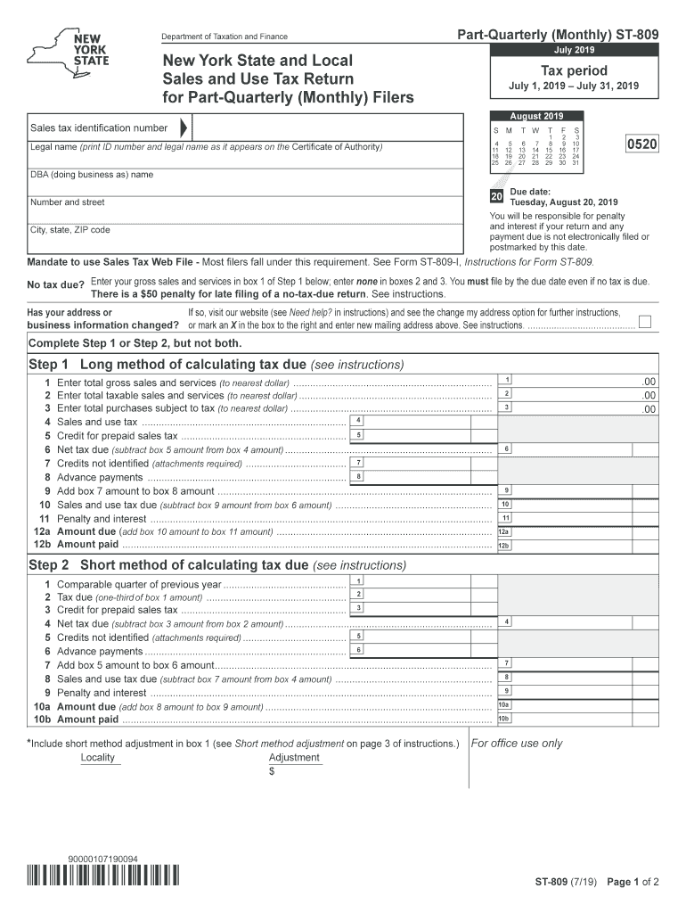  Form ST 809719New York State and Local Sales and Use Tax Return for Part Quarterly Monthly Filersst809 2019