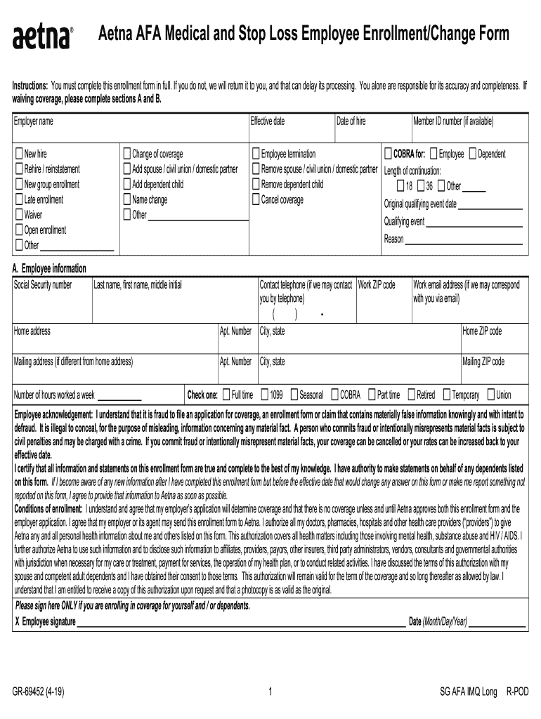 Aetna Afa Medical and Stop Loss Employee Enrollment Change Form