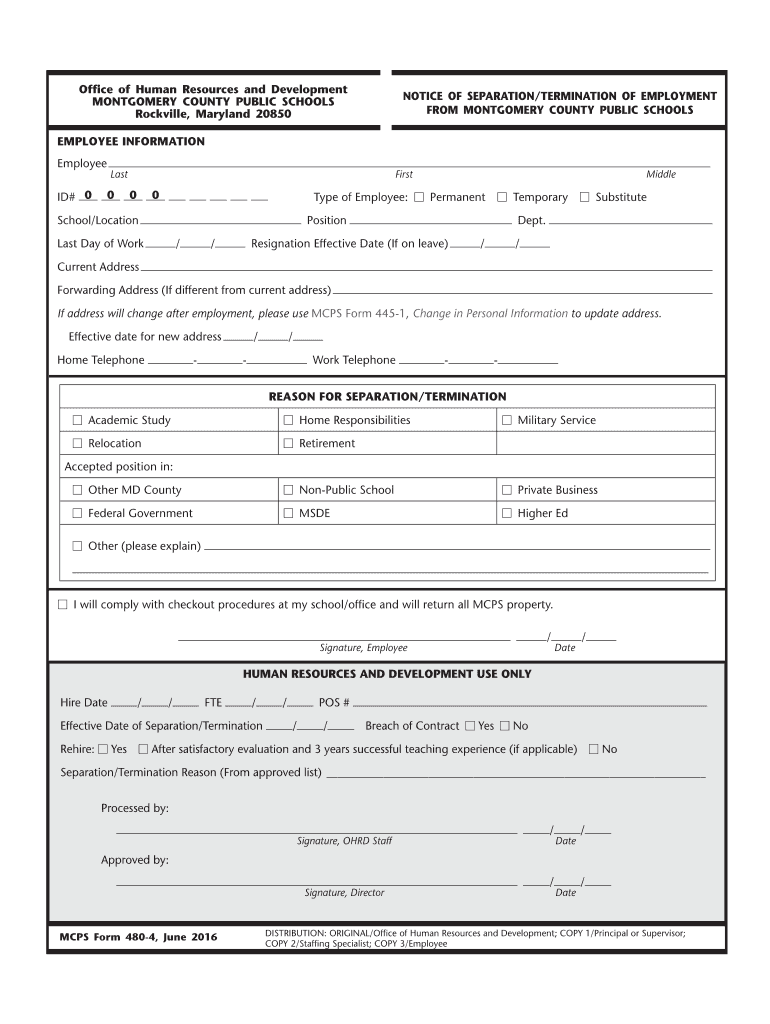 MCPS Form 480 4, Notice of TerminationRetirement Montgomery