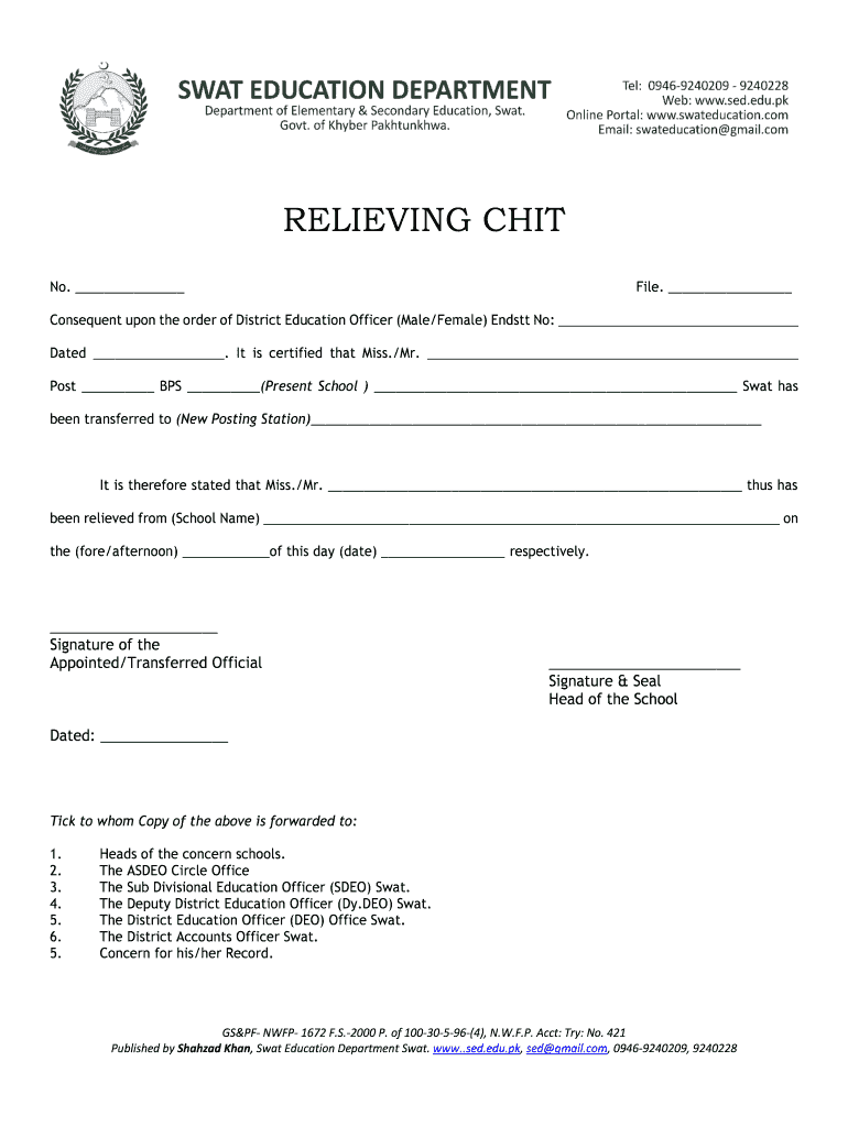 Relieving Chit for Exam Duty  Form