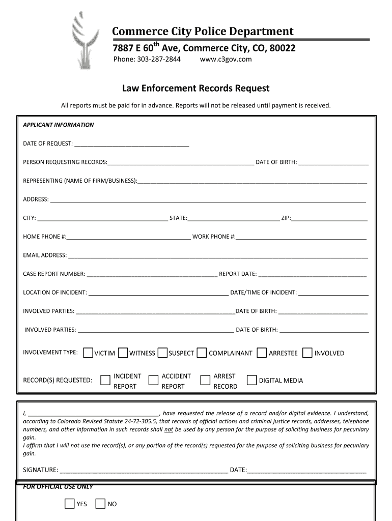 Commerce City Police Department  Form