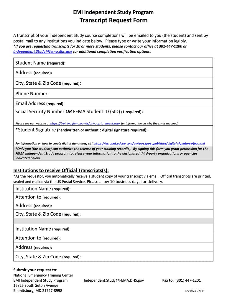 EMI Independent Study Transcript Request Form Transcript Request