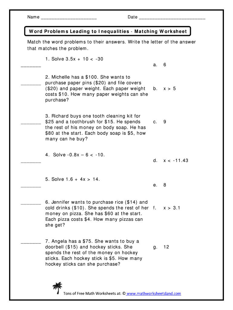 Inequality Word Problems Worksheet  Form