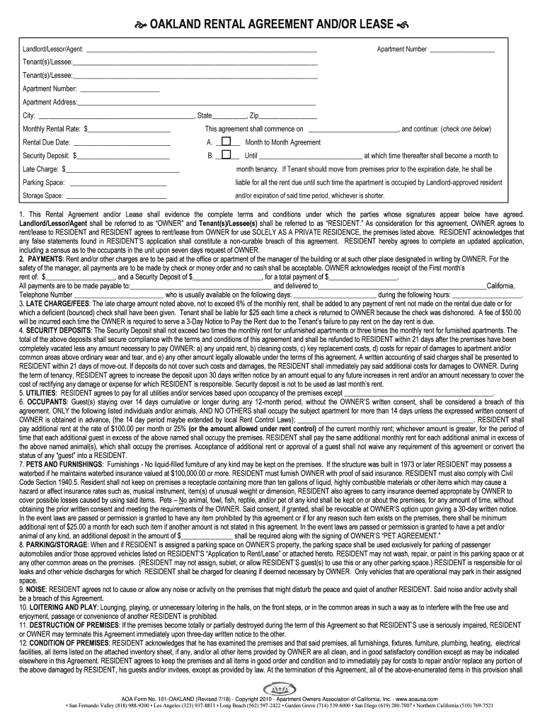 Oakland Rental Agreement  Form