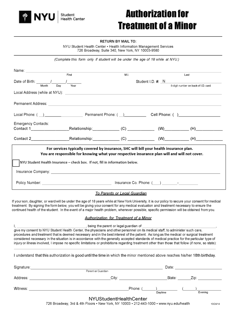  Fillable Online Nyu Authorization for Treatment of Minor Form 610 2014-2024