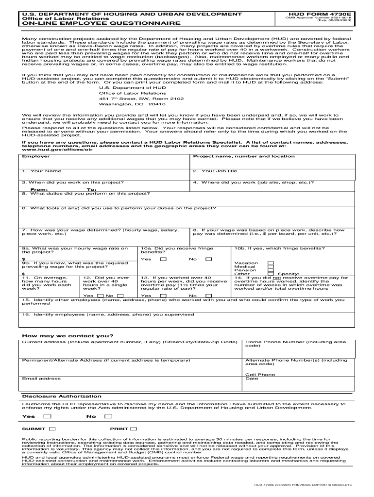 On Line Employee Questionnaire HUD  Form