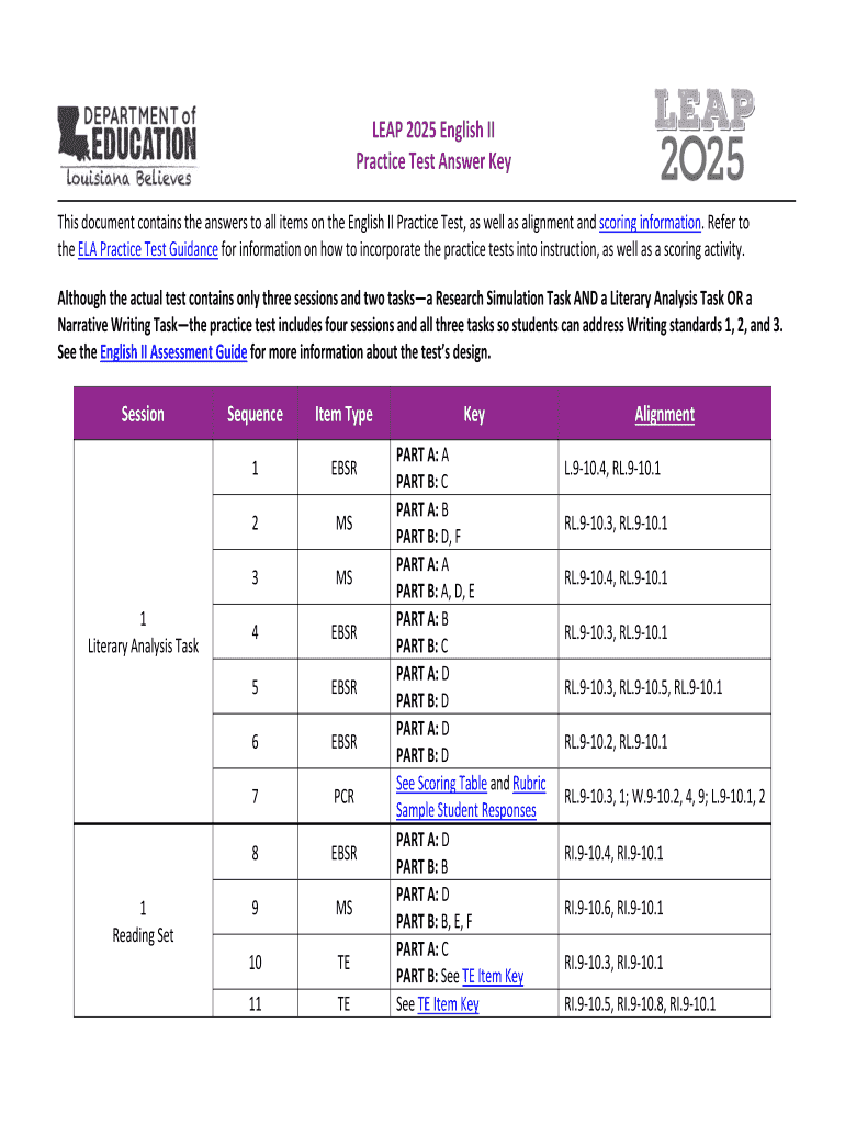 Leap 2025 English 2 Answer Key  Form