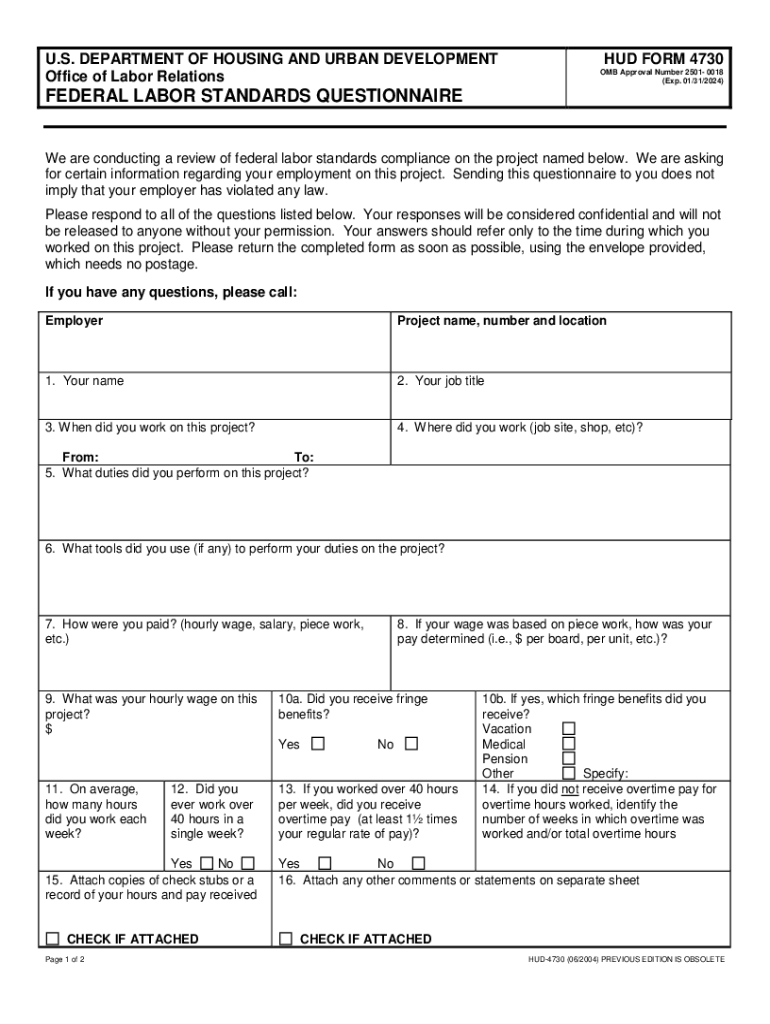 HUD Form 4730 Federal Labor Standards Questionnaire HUD