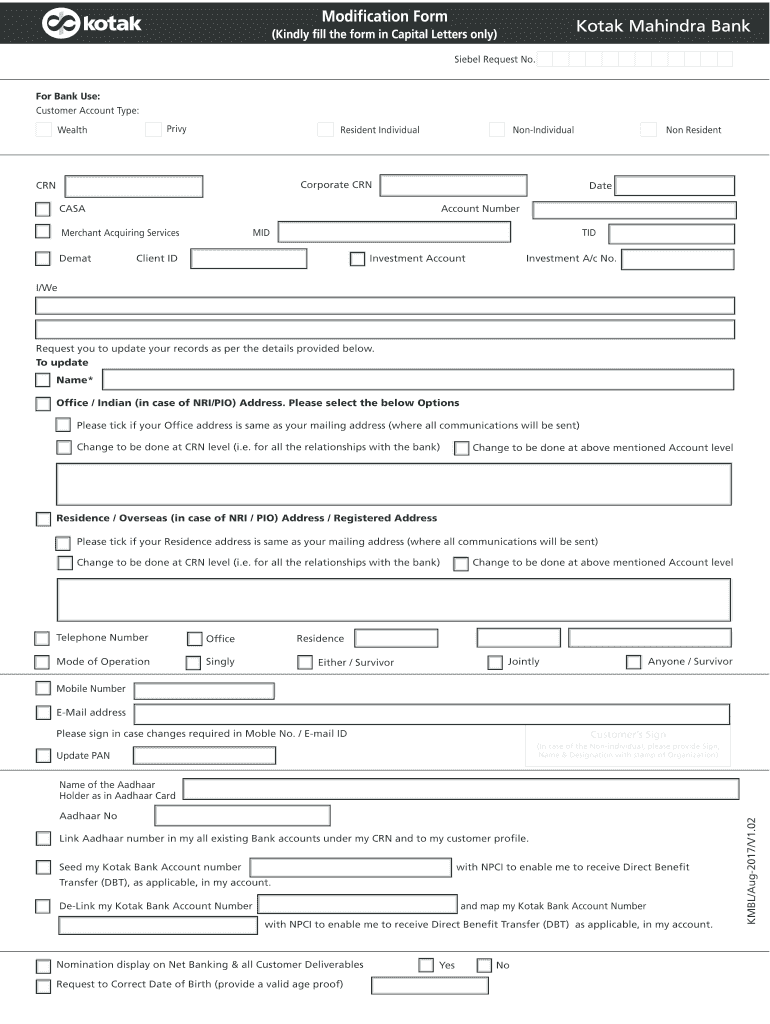 Kotak Bank Modification  Form