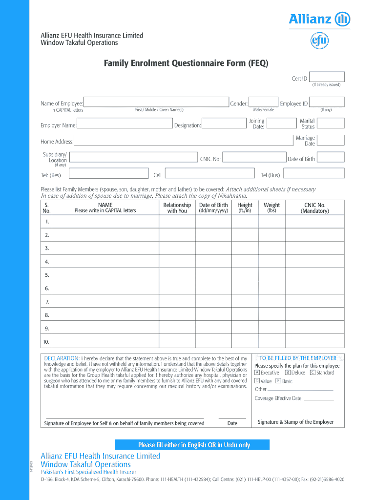 Family Enrolment Questionnaire Form FEQ Allianz EFU
