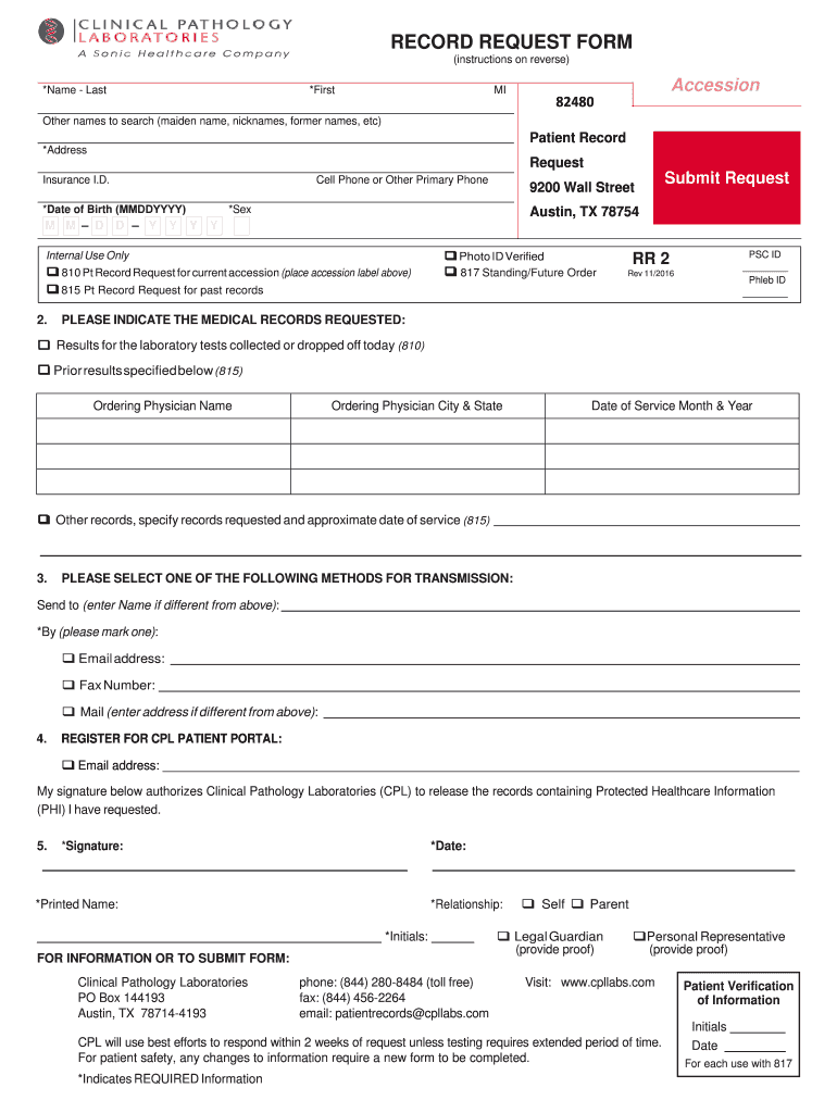 Instructions for Record Request Form Clinical Pathology Laboratories