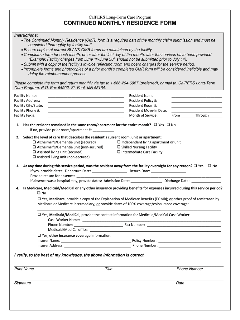 Continued Monthly Residence Form CalPERS Long Term Care