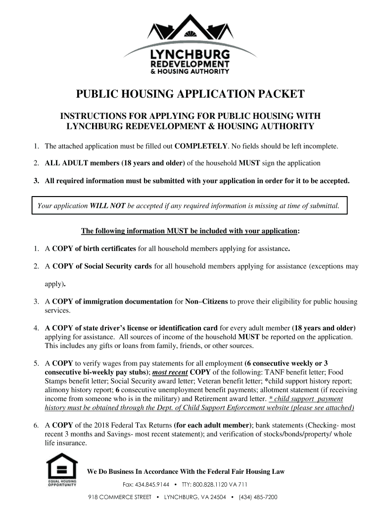 Public Housing Application Packet Lynchburg Redevelopment and  Form