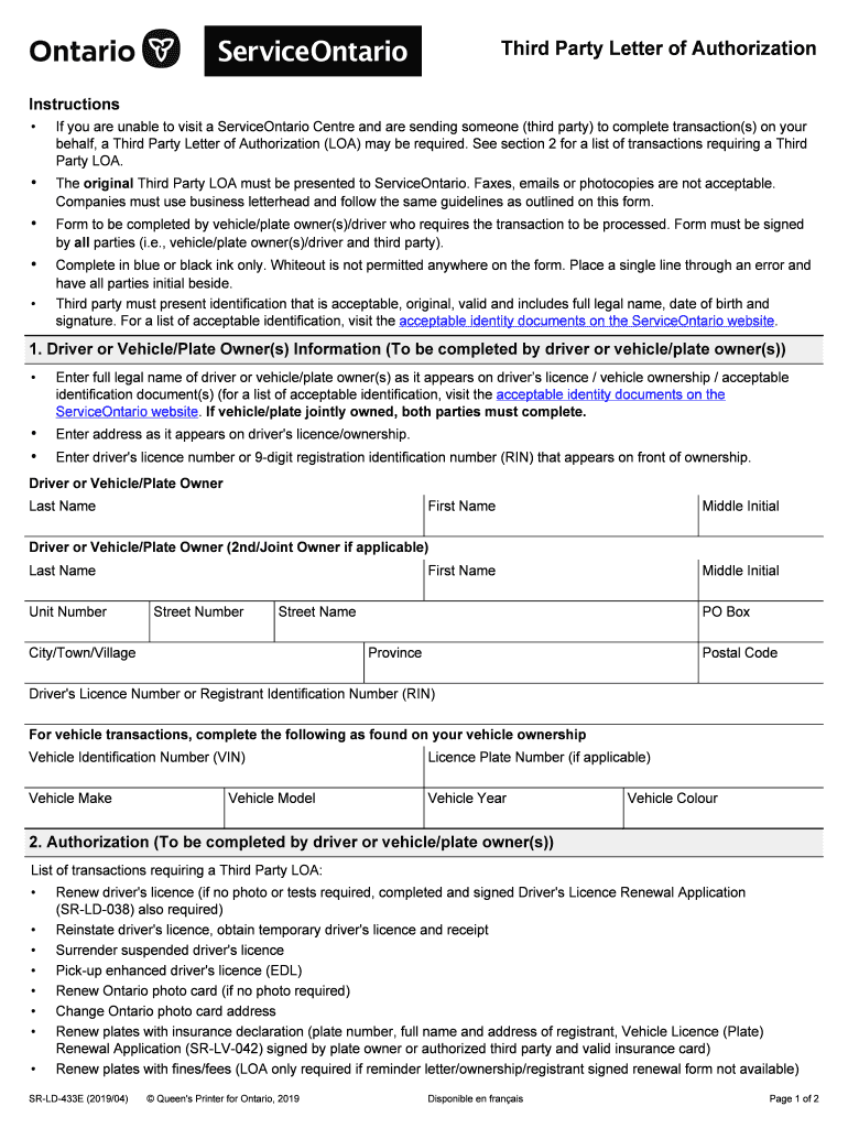Letter of Authorization Service Ontario  Form