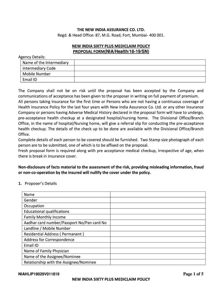 New India Sixty Plus Mediclaim Policy Proposal Form