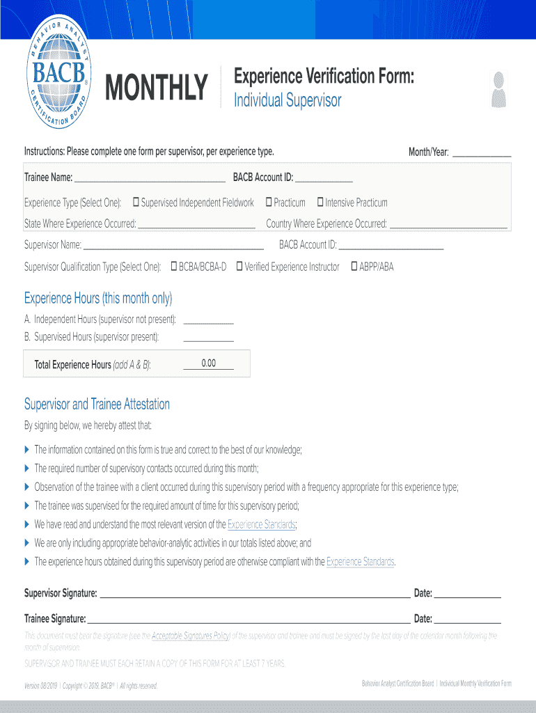 Bacb Monthly Verification Form