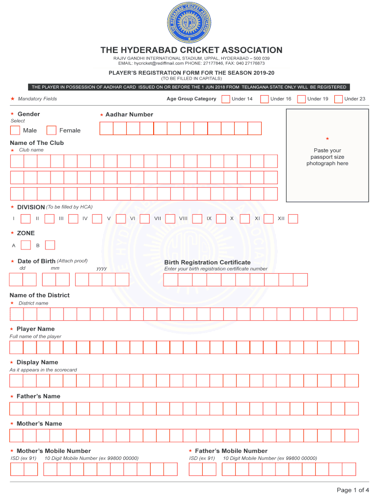 HCA Player Registration Form New