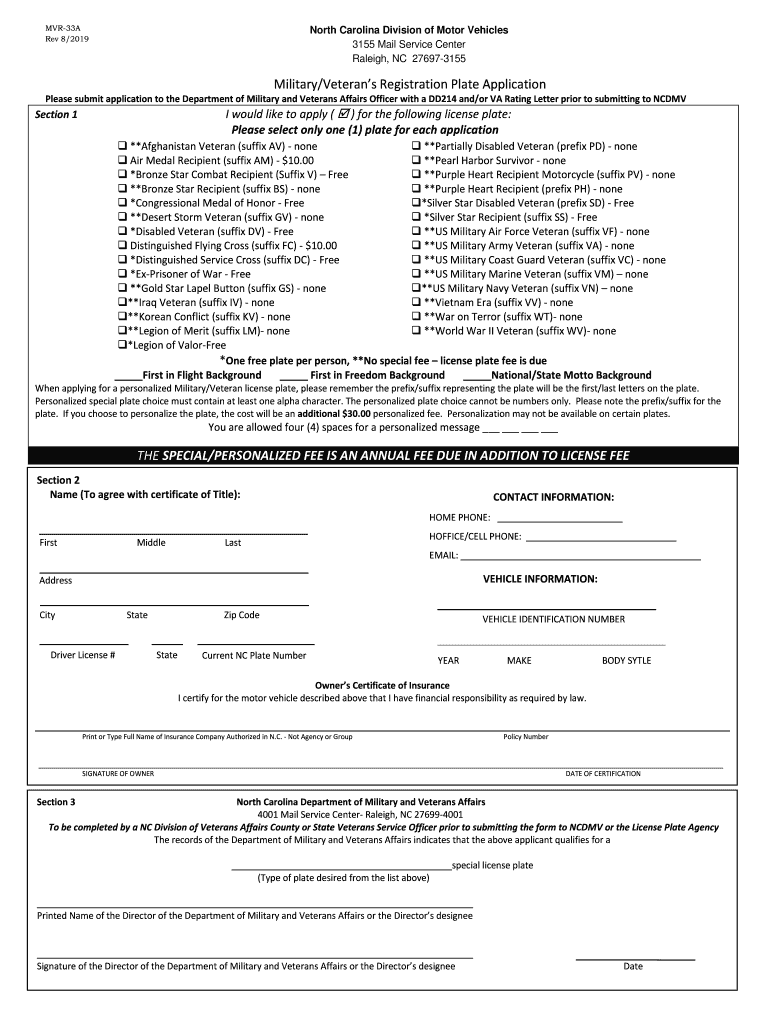 Military and Veteran License PlatesDepartment NC DMVA NC Gov  Form