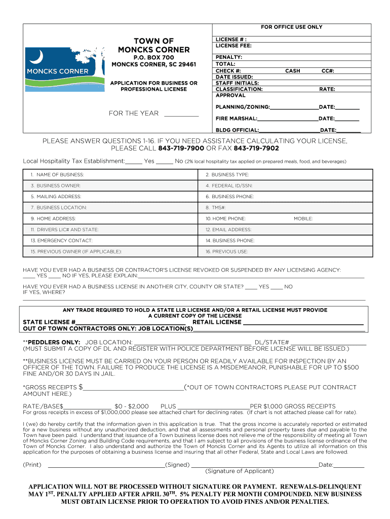 Sc Moncks Corner Business  Form