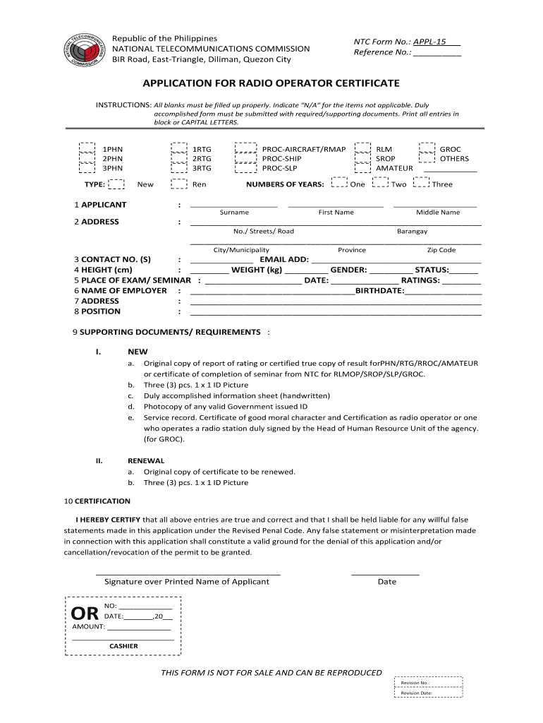 Application for Radio Operator Certificate  Form