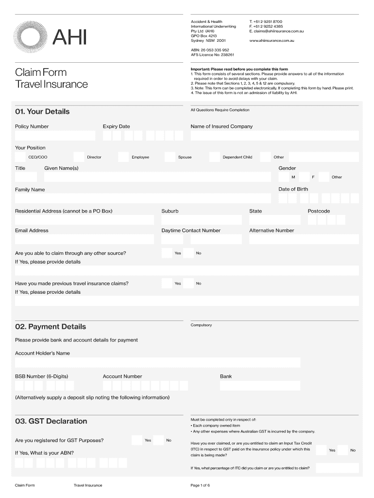 Claim Form Accident and Health International Underwriting