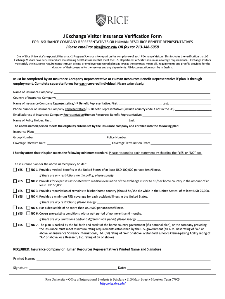 J 1 Insurance Verification Form for Insurance Companies