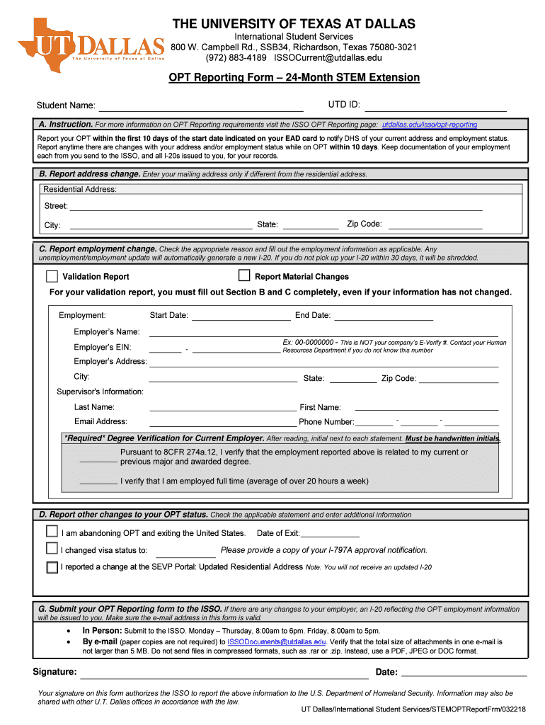  OPT STEM Request Form the University of Texas at Dallas 2018-2024