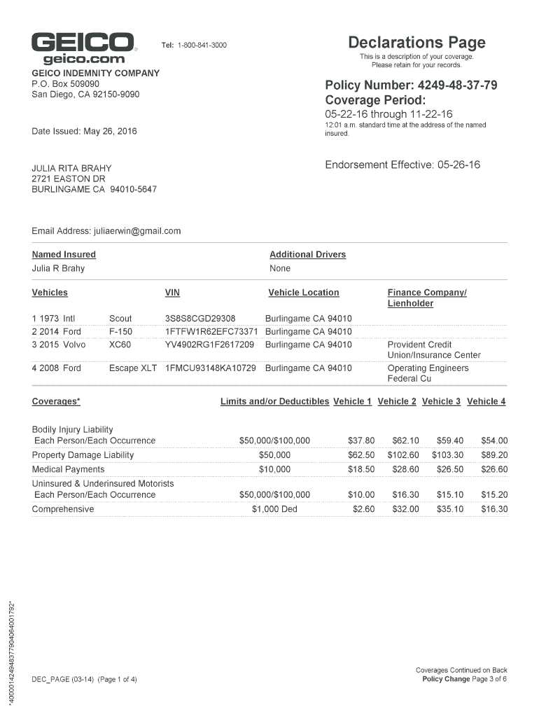 Geico Declaration Page  Form