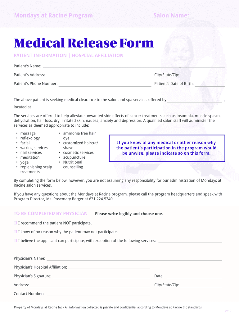 Medical Release Form Mondays at Racine