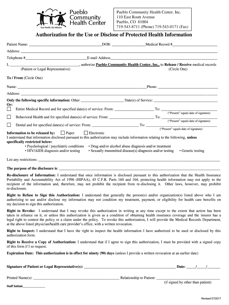 Release Authorization Pueblo Community Health Center  Form