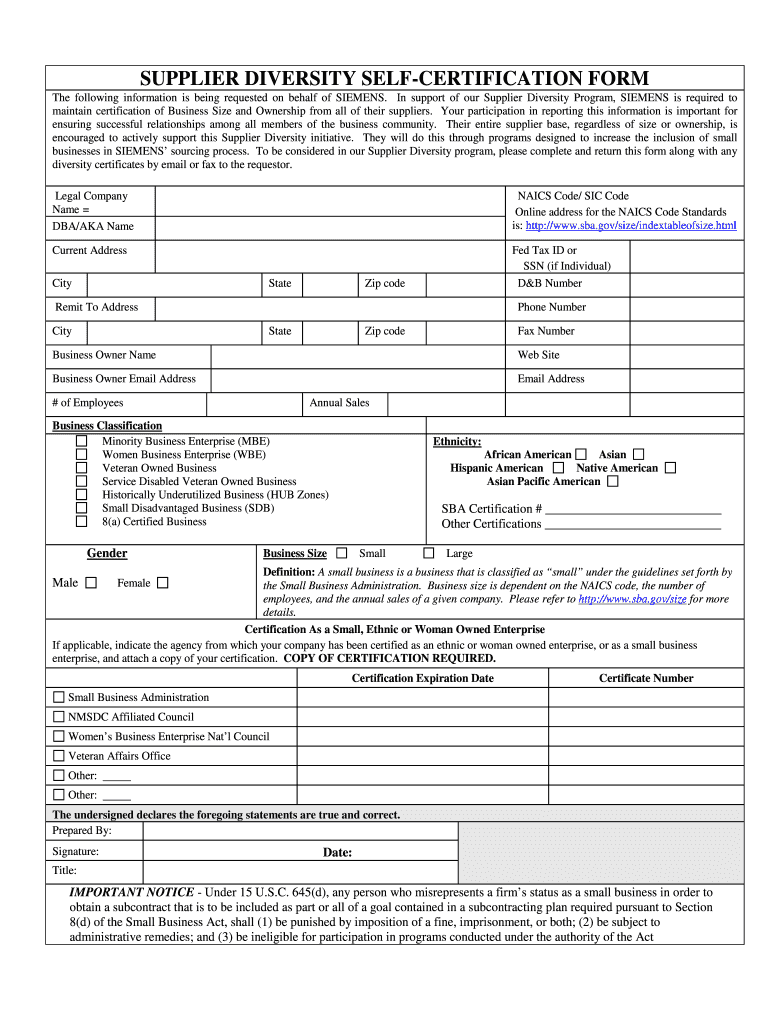 Supplier Diversity Self Certification Form Supplier Diversity Self Certification Form