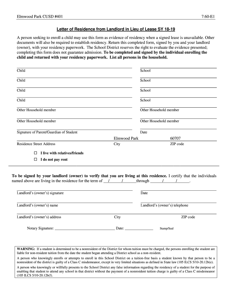  Letter of Residence from Landlord in Lieu of Lease SY 18 19 2019-2024