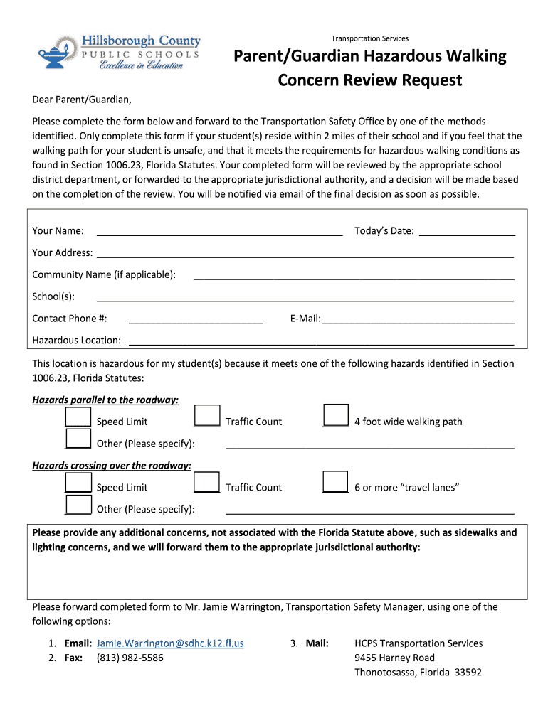 ParentGuardian Hazardous Walking Concern Review Request  Form