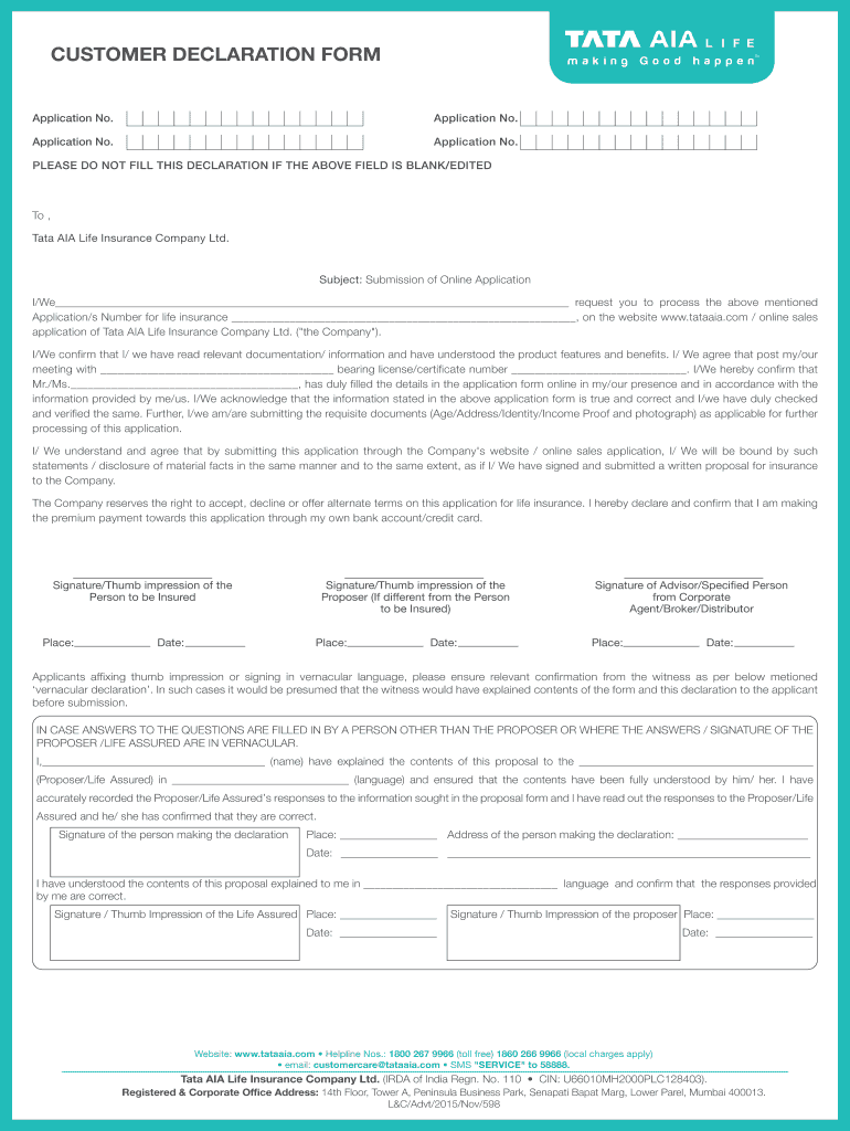 Tata Aia Customer Declaration Form