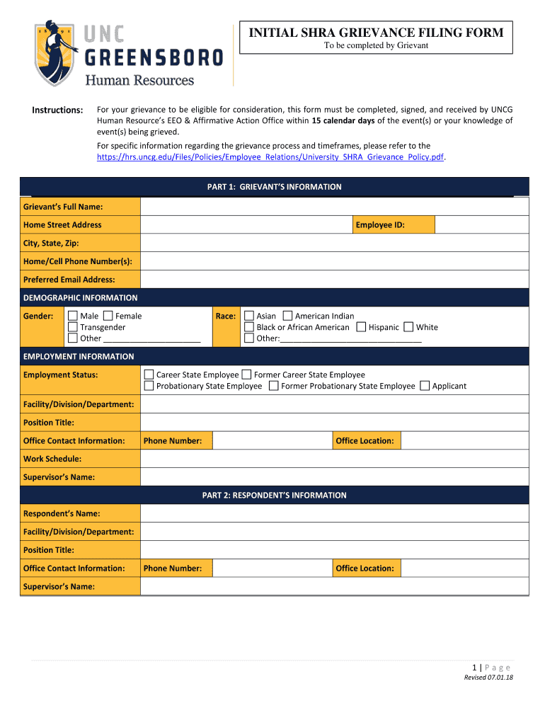 Get and Sign INITIAL SHRA GRIEVANCE FILING FORM UNCG Human 2018-2022